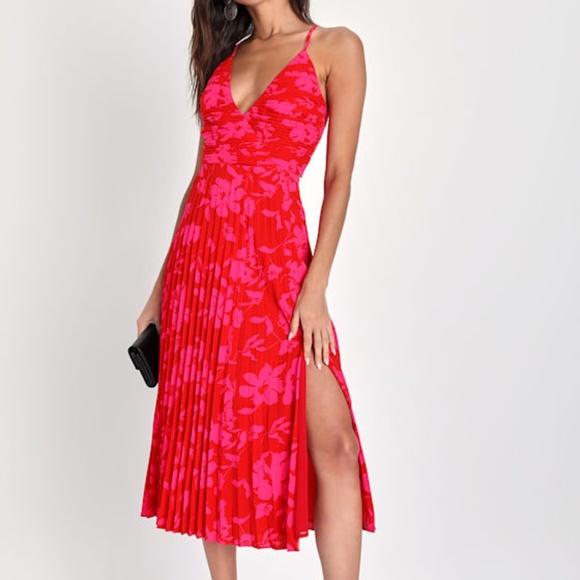 Lulus Vibrant Moment Red And Pink Floral Pleated Lace-up Midi Dress - Size S - Picture 1 of 2